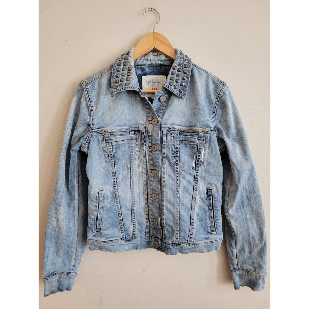 Buffalo David Bitton‎ Womens Biker Edgy Trucker Jean Jacket Indigo Studs Medium